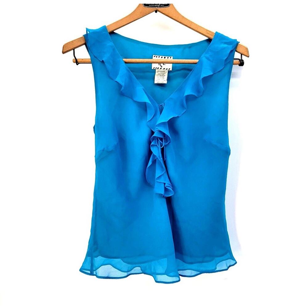 Vintage Y2K 2000s ICE Women's Silk Ruffle Tie Front Blouse Size M Turquoise Blue - Picture 2 of 9